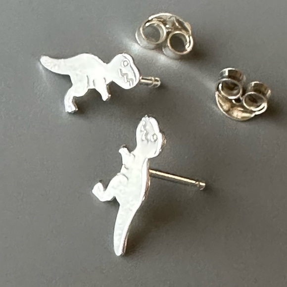 Sterling Silver Simple T Rex Dinosaur Stud Earrings - Picture 7 of 11